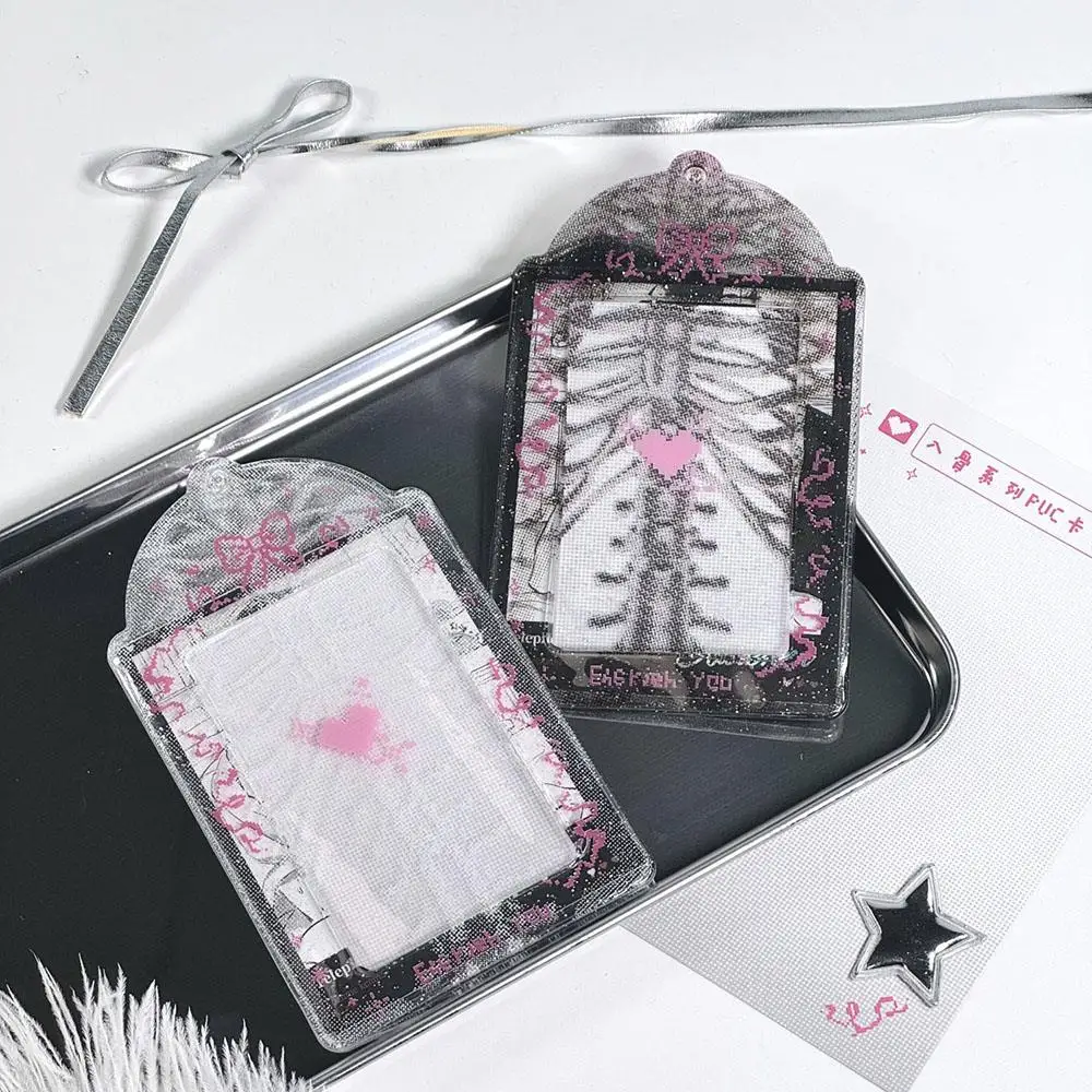 Rib X-ray Photocard Holder With Keychains Cute 3inch Cards Protect Sleeves Bowknot Students Key Chain Accessories Card Holder