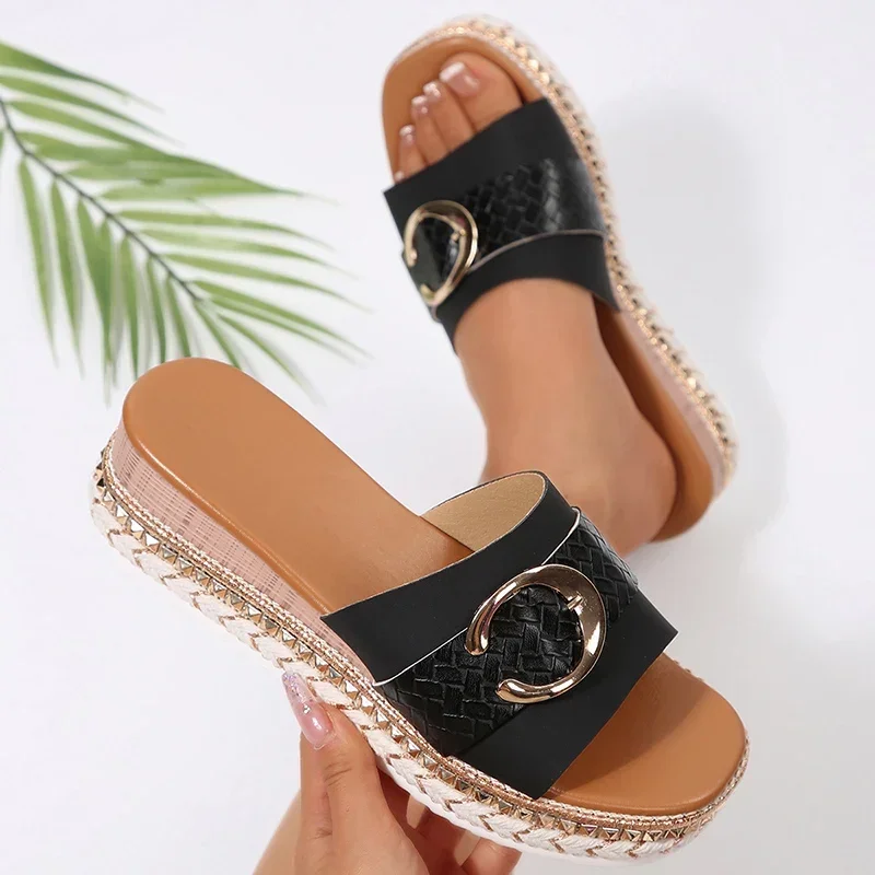 

Fashion Women Shoes Metal Decor Thick Bottom Slippers Women Summer Pu Leather Wedges Sandals Woman 2025Platform High Heel Slides