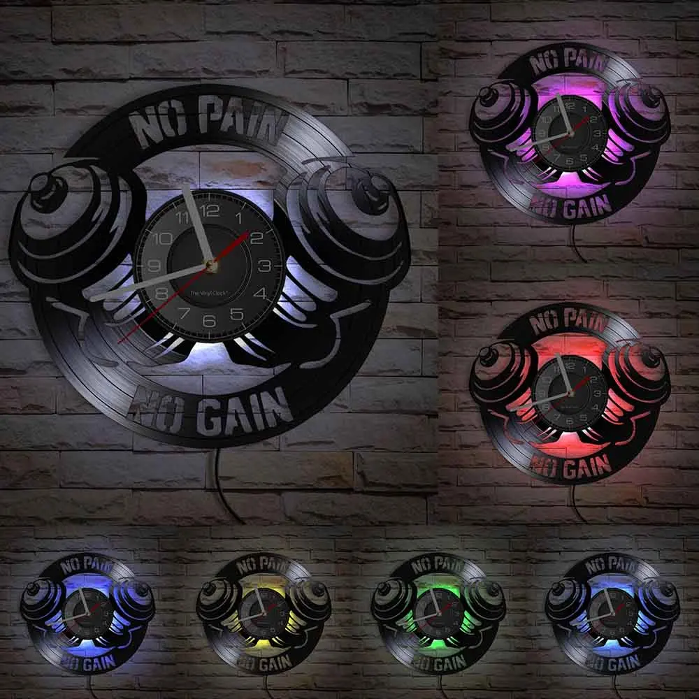 Workout Dumbbell Wall Clock No Pain No Gain Cross fit Motivation GYM Fitness Sign Wall Decor Vinyl Record Clock Gift For Him
