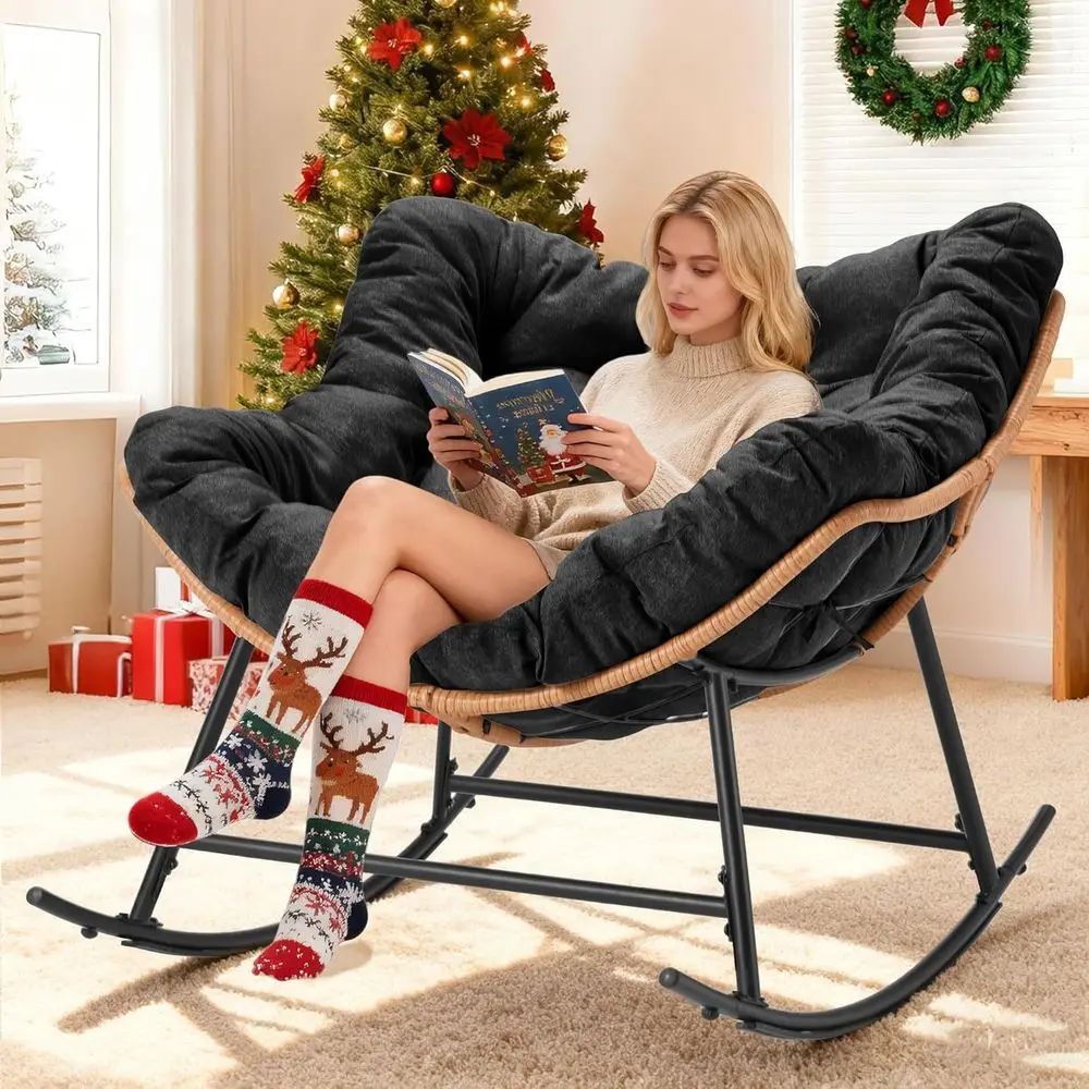 

Large Cushioned Indoor Papasan Chair, Outdoor Rocking Egg Chair for Patio, Garden, Balcony, Lawn, Backyard, Bedroom, Supports up