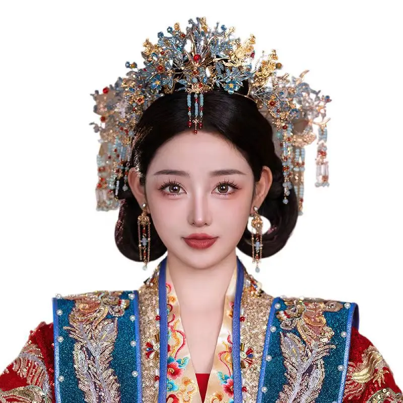 2024 New Bridal Blue Xiuhe Headdress Phoenix Crown Chinese Style Wedding Retro Xiuhe Clothing Hair Accessories