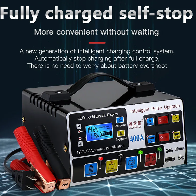 220W Car Battery Charger 12V 24V High Frequency Intelligent Pulse Repair Charger Fully Automatic Battery Charge LCD Display