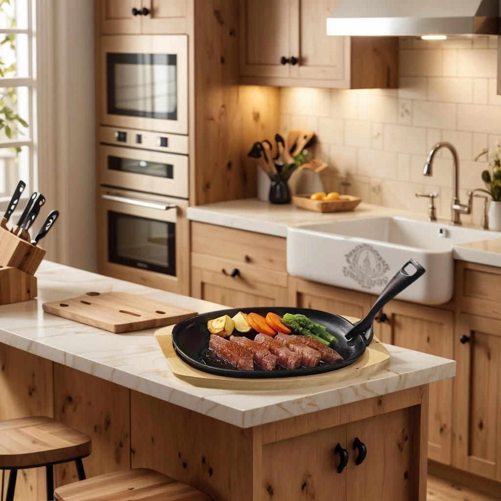 

Чугунная сковорода-гриль — сковорода с антипригарным покрытием для стейка, барбекю, жарки с деревянной подставкой и лопаткой | Равномерное жаро, прочное, с плоским дном