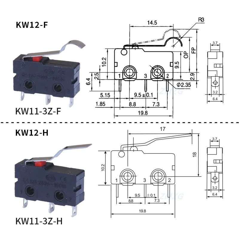 KW12 Reiseendschalter-Kontakt-Knopf KW11-3Z-2 Mikroschalter mit geradem Schaft, dreipolig, 5A 125V/250V – Detail 7