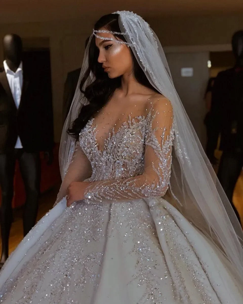 Vestido de fiesta personalizado de Dubái, vestidos de novia de talla grande con escote en forma de corazón y espalda descubierta, vestidos de novia de lentejuelas con cuentas de manga larga