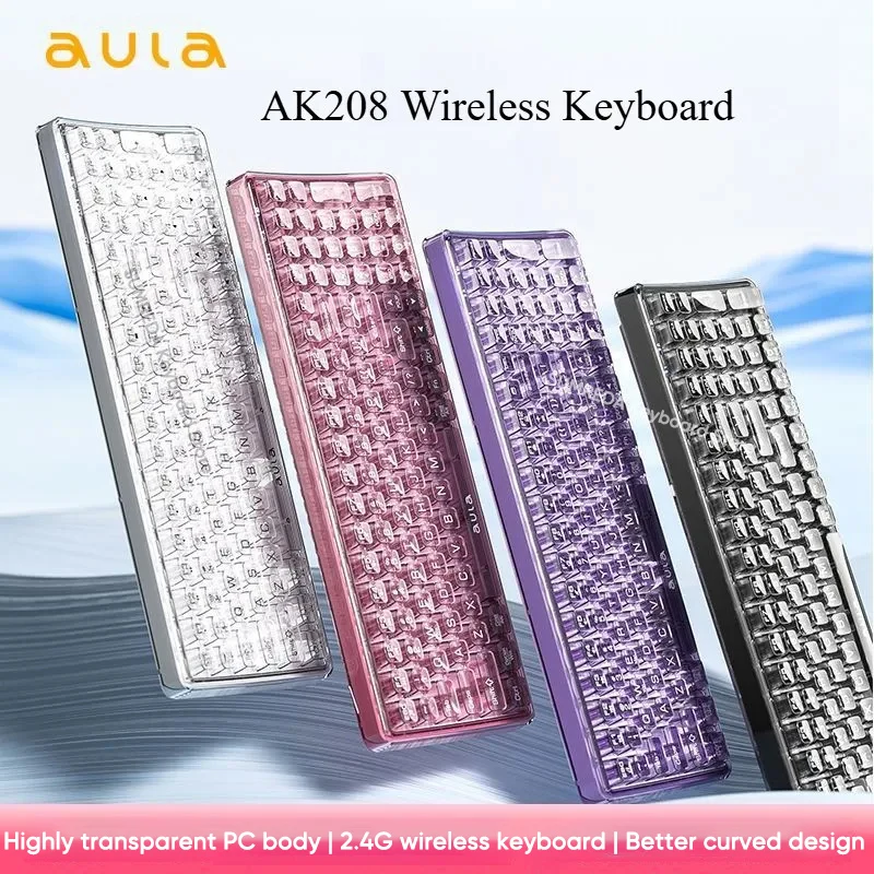 

AULA AK208 Wireless Keyboard 99 Keys Cute Transparent keyCaps RGB Mechanical Feel Rechargeable Office Gaming Keyboard for Gifts