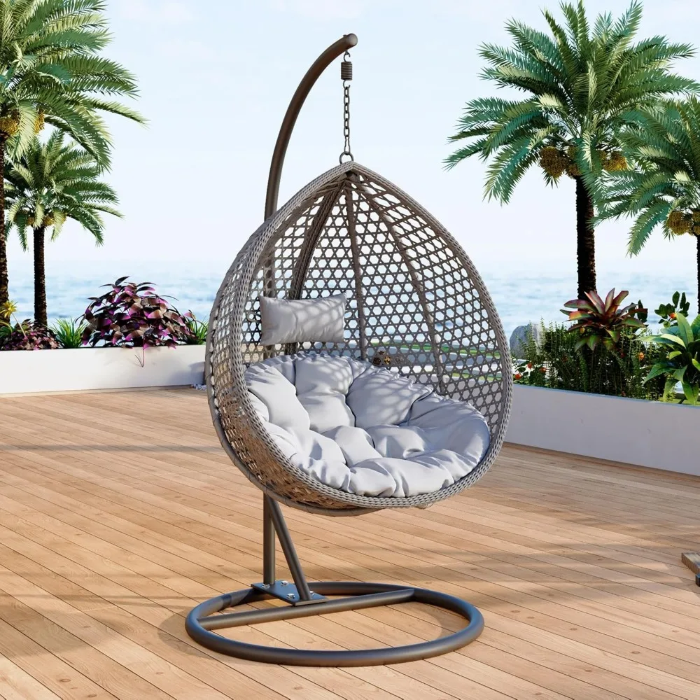 

Egg Swing Chair Outdoor with Stand, Hanging Egg Rattan Basket Chair with Cushion and Pillow, Lounge Chairs, Foldable Basket and