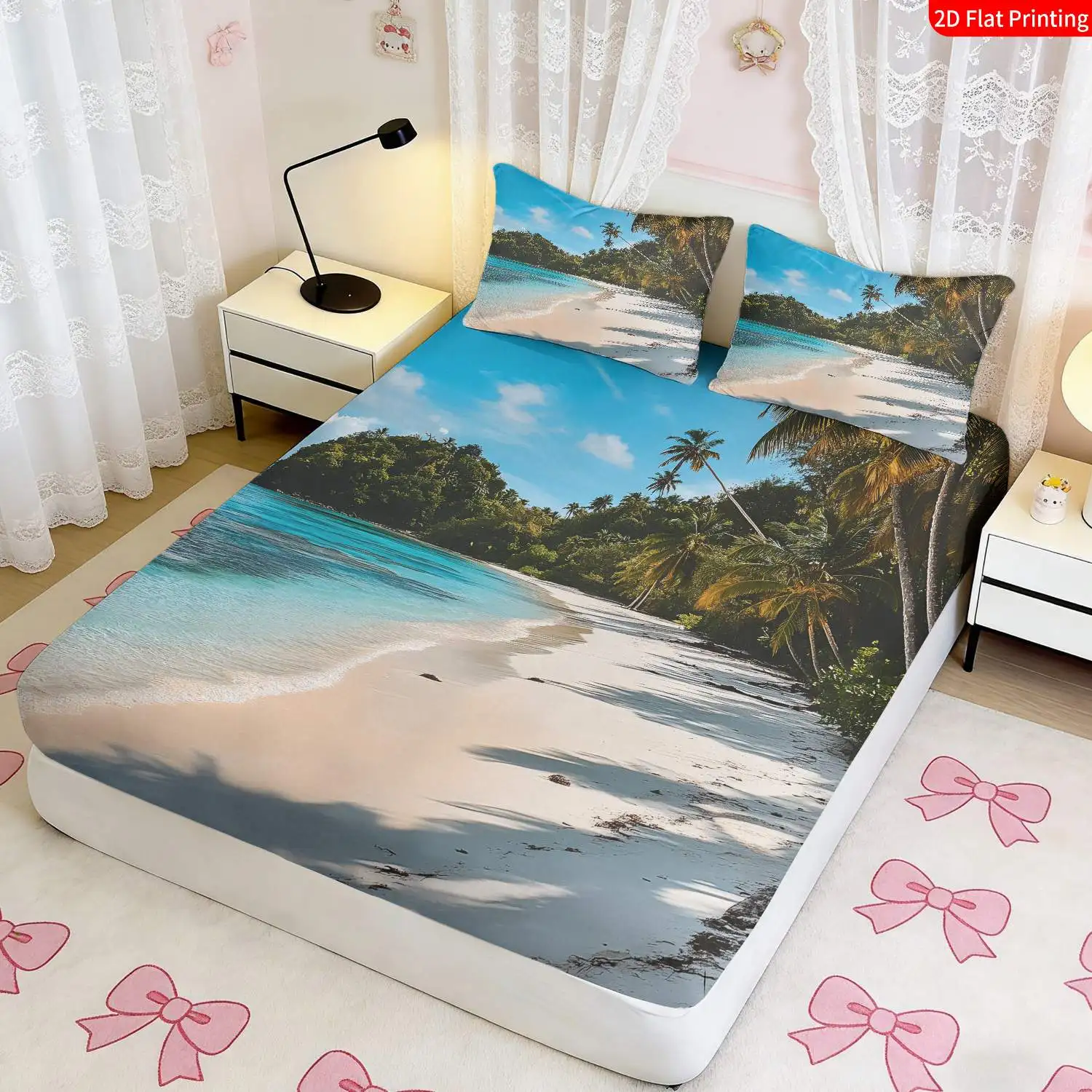 3-Piece Mattress Protector Set with Tropical Beach Bedding, Bedroom Resort and Summer Decoration, Blue and White Palm Tree and Ocean Print Bed Sheet with Pillowcase, Mattress Cover, Stain-Resistant, Suitable for All Seasons, Machine Washable, Easy to Care For, Suitable for Home Bedrooms, Essential for Dorms and Rentals, Master Bedroom Decoration, Dust-Proof and Stain-Resistant, High Elasticity, Fits Various Sizes