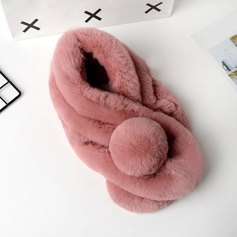 Winter Cute Artificial Hair Scarf Woman Scarves Imitation Rabbit Fur Collar Scarf With Pompom Neck Warmers Women Outdoor