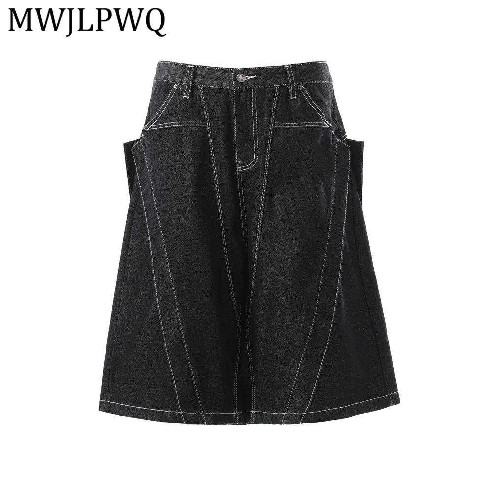 

MWJLPWQ Men's Summer Workwear Denim Shorts High Street Deconstructed Design Patchwork Stitching Loose Wide-Leg Pants Tide 14936