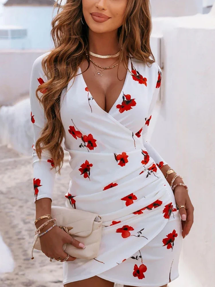 Sexy V Neck Floral Print Long Sleeve Dress Elegant Wrap Pleated Irregular Mini Party Dresses For Women Fashion Office Slim Dress