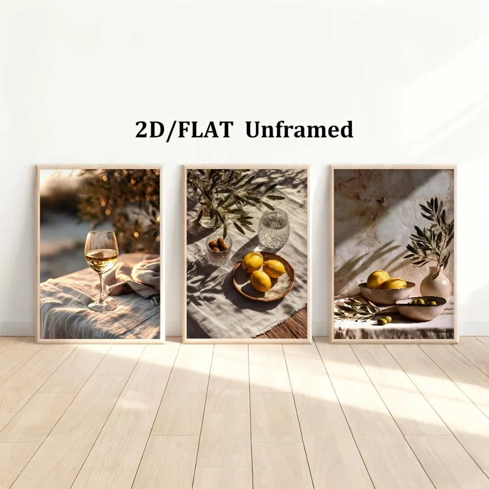 2D Flat,3pcs Frameless,Mediterranean Landscape,Champagne,Lemon,Olive Leaf Plant Pot Still Life Canvas Poster Printing,Home Decor