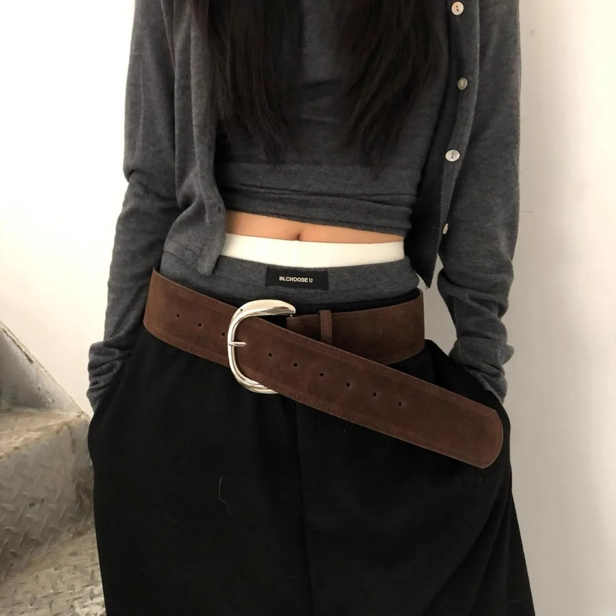 

Wide Belt Niche Retro Y2k Hottie Suede Matte Wide Edge Belt Silver Buckle Waist Seal with Stacked Wide Version Women