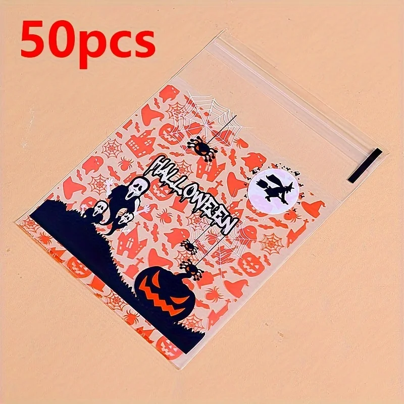 50 Stück Halloween-Kürbis-Geister-Fledermaus-Muster Selbstklebende Plastiktüten für DIY Hausgemachte Kekse Party Schmuck Feiertagsgeschenke – Detail 8