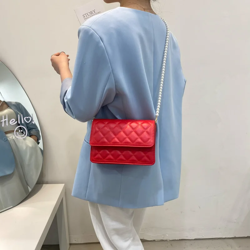 Diamond Lattice Crossbody Bags Women PU Leather One-shoulder Pearls Flap Bag Texture Elegant French Style Designs Handbags Chic