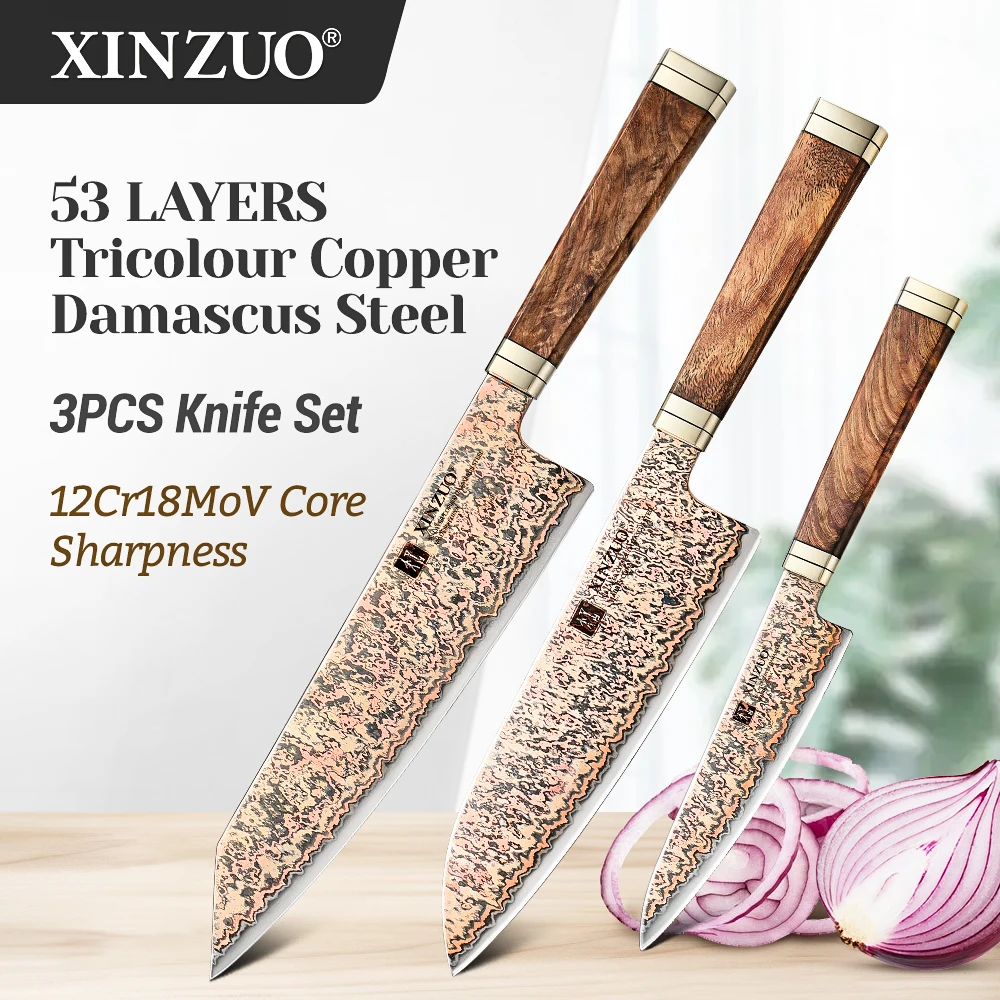 

XINZUO Western Style Bunka Santoku Utility Knife 3PCS Knife Set Tricolor Copper Damascus 12Cr18MoV Core For Home Kitchen Use
