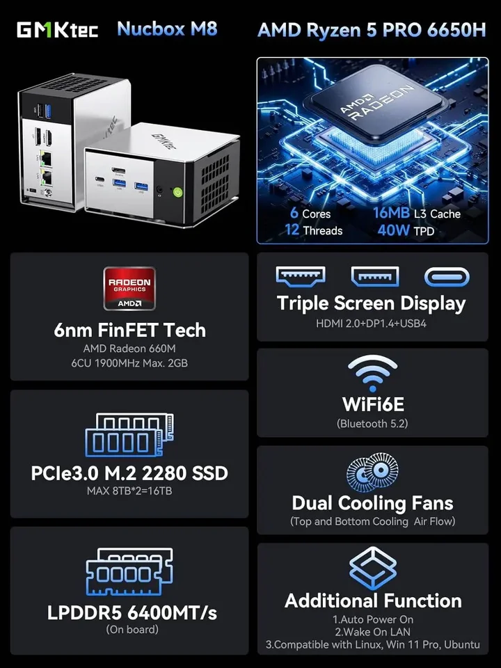 GMKtec M8 Mini PC AMD Ryzen 5Pro 6650H Nucbox Windows 11 LPDDR5