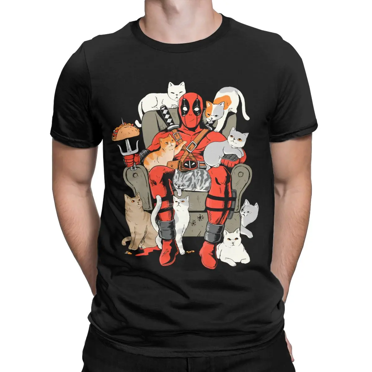 Novelty Deadpool And Cats T-Shirt for Men Crew Neck Cotton T Shirt Short Sleeve Tee Shirt New Arrival Clothing