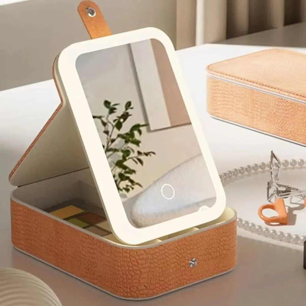Multi-functional Cosmetics and Jewelry Box Three-color Light Mirror Beauty Mirror PU Leather Adjustable Brightness