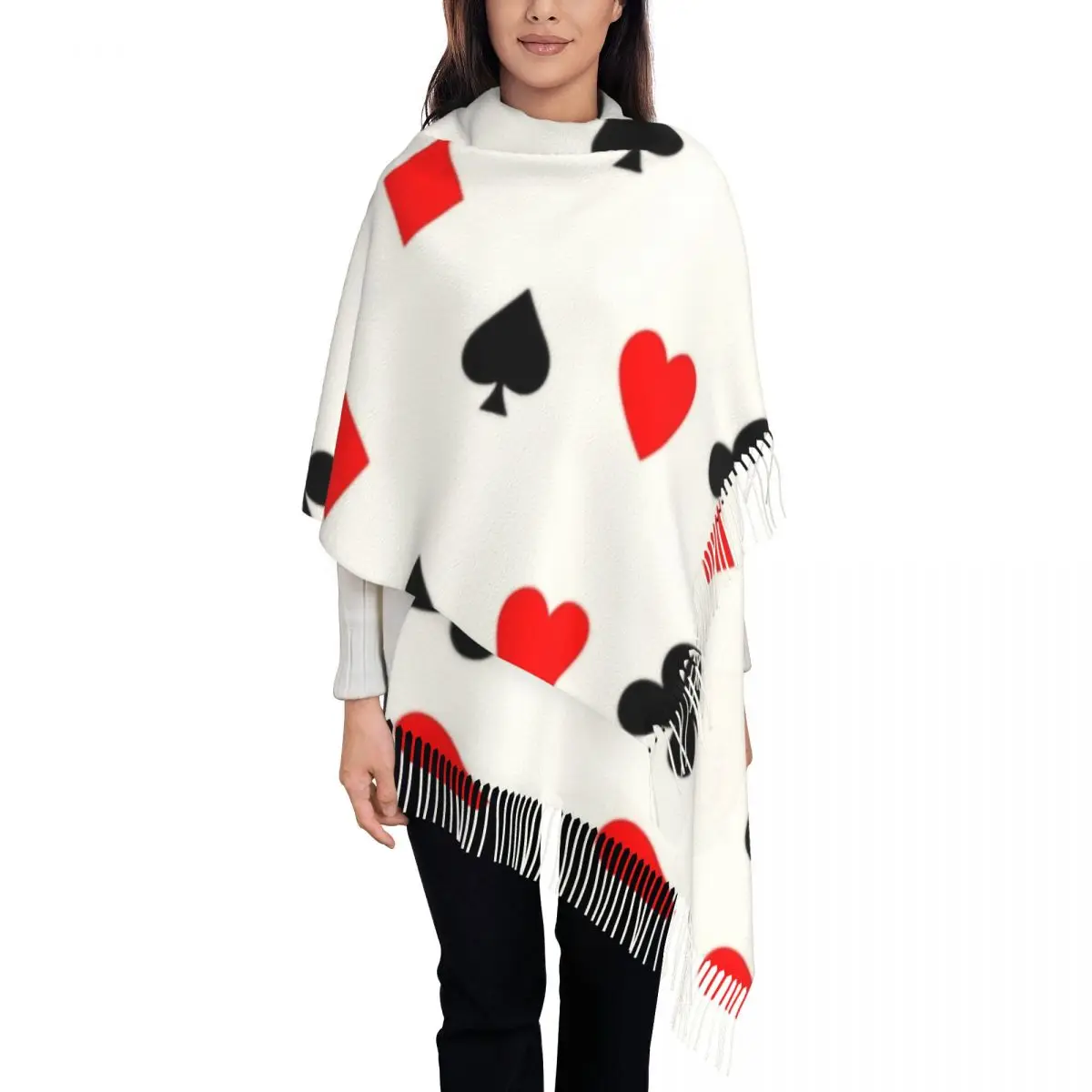 Funny Poker Pattern Scarf Wrap Women Long Winter Warm Tassel Shawl Unisex Card Game Players Scarves