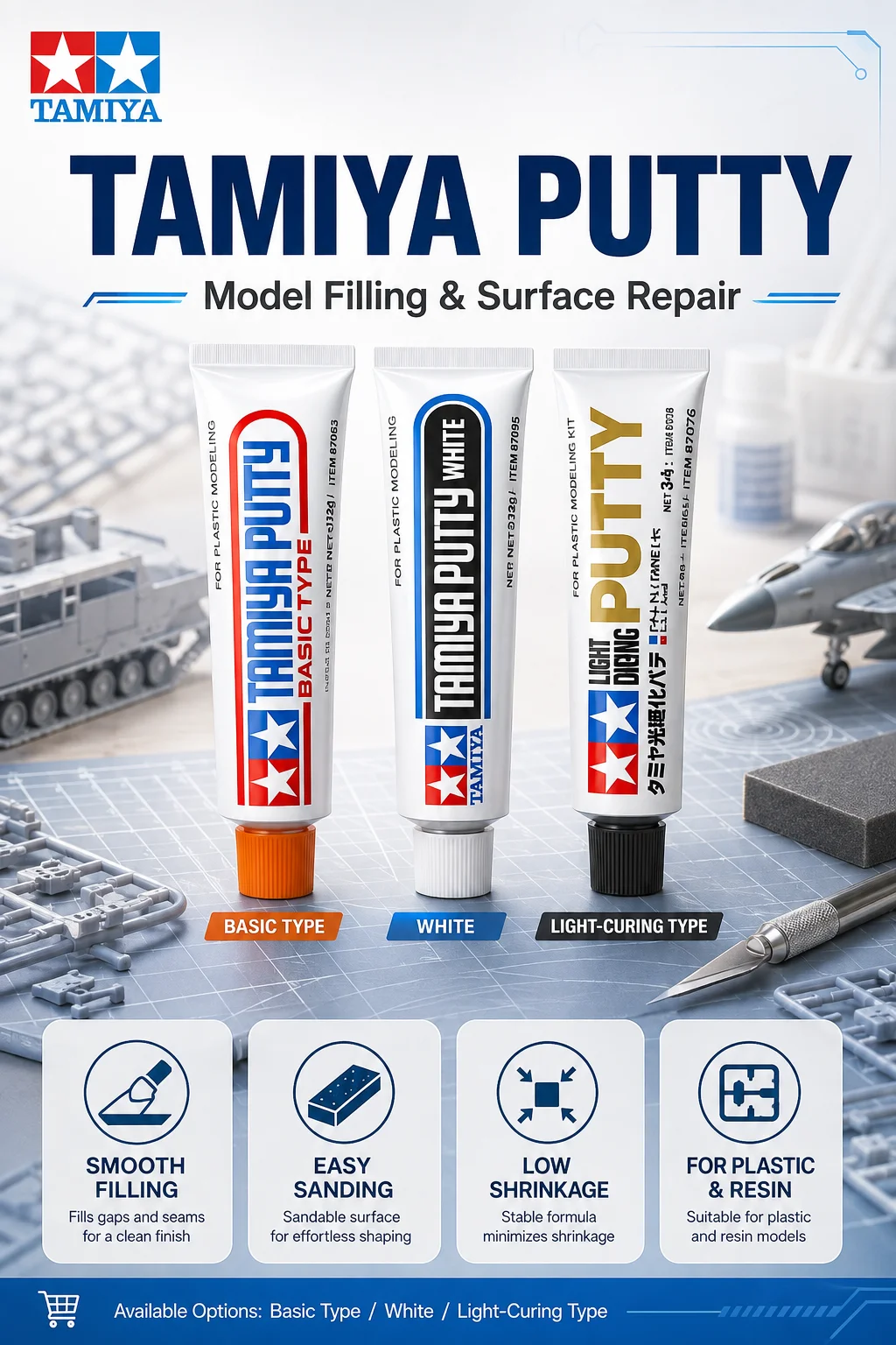 Großhandel Tamiya Putty 87053/87095/87076 Grau Weiß Zahnpasta Modell Werkzeug für Montage Figur Modellbau Reparatur Abdichten – Detail 1