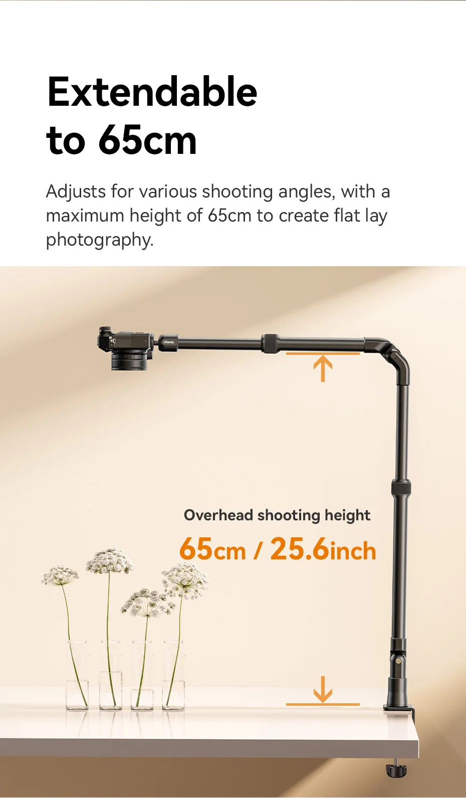 Ulanzi zj02 kamera schreibtisch halterung mit halte arm 4,8 cm c-klemme flexible verstellung verlängern bis 65cm arm für stillleben fotografie – Detail 5