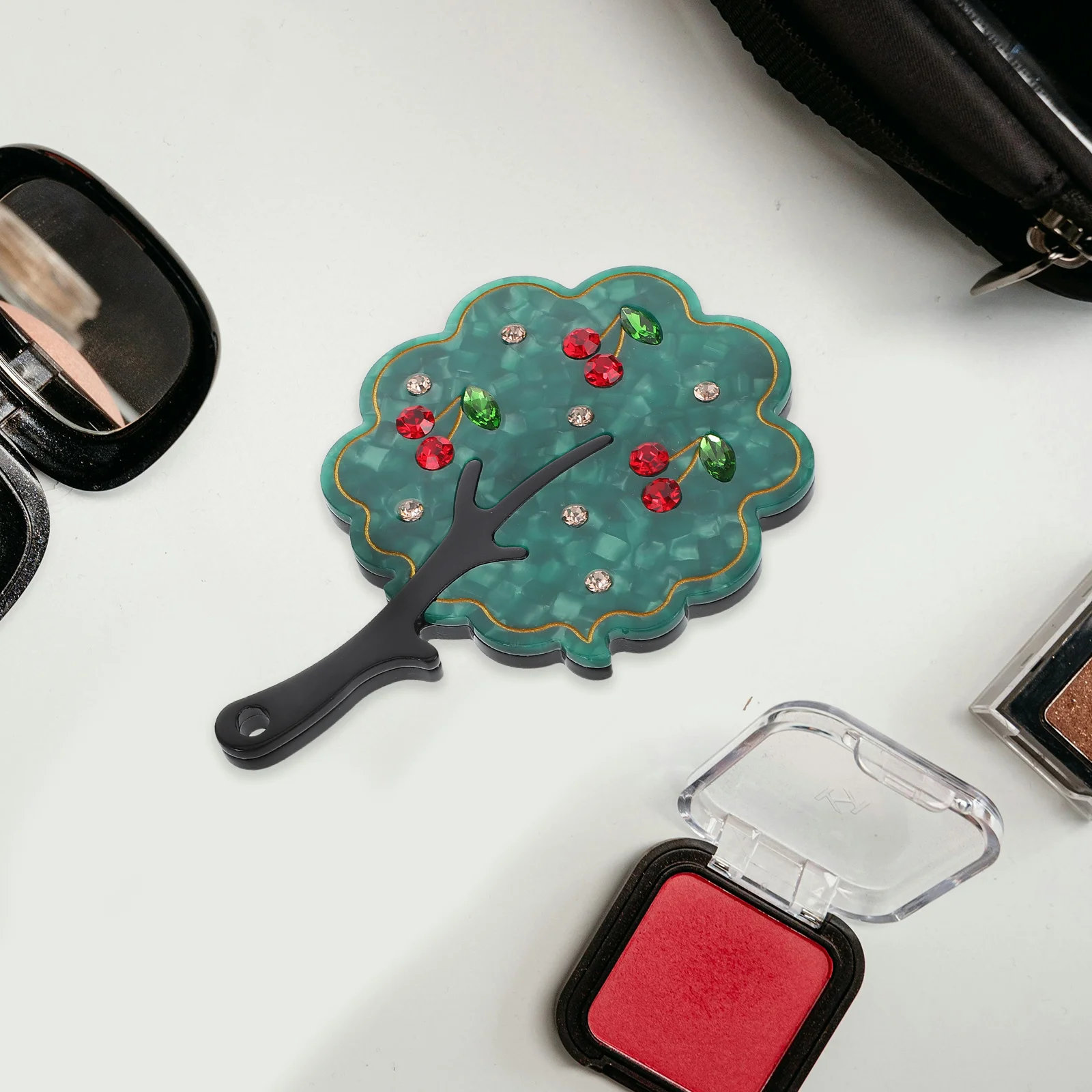Mini miroir de poche Portable en forme d'arbre, strass, Vintage, Compact en acétate, pour maquillage, voyage, usage quotidien