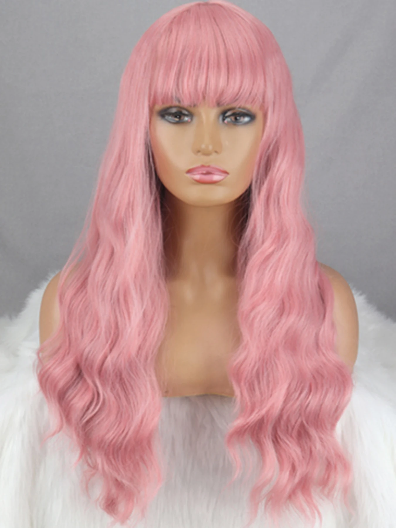 Long Pink Synthetic Wig with Bangs Synthetic for Women Heat Resistant Wavy Colored Pastel for Cosplay Party