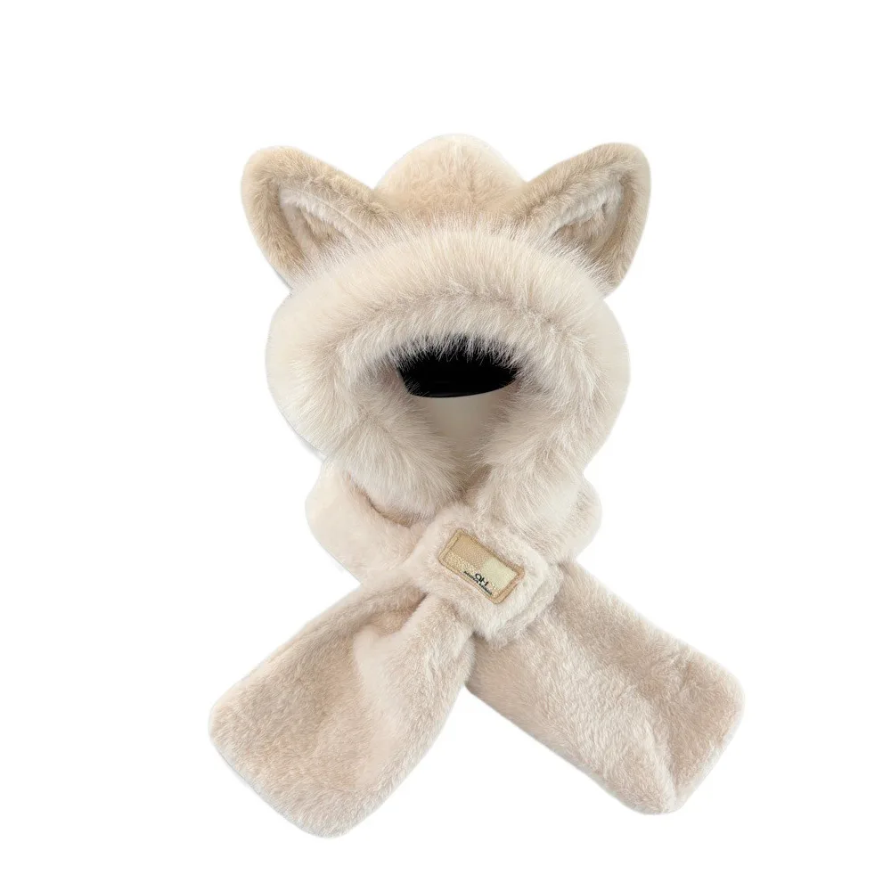 

Cute 2-in-1 Hooded Scarf for Women Windproof Keep Warm Hat Scarf Soft Ear Protection Winter Plush Scarf Autumn Winter