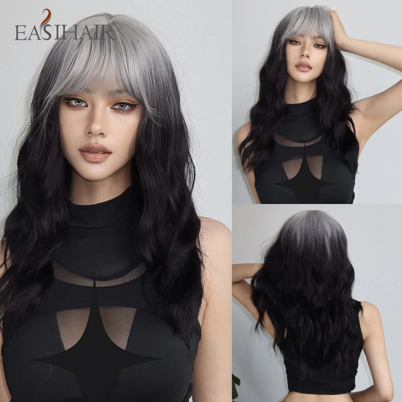 

EASIHAIR Ash Black Ombre Synthetic Wigs Long Wavy Natural Hair Wigs with Bangs for Women Cosplay Daily Use Wig Heat Resistant