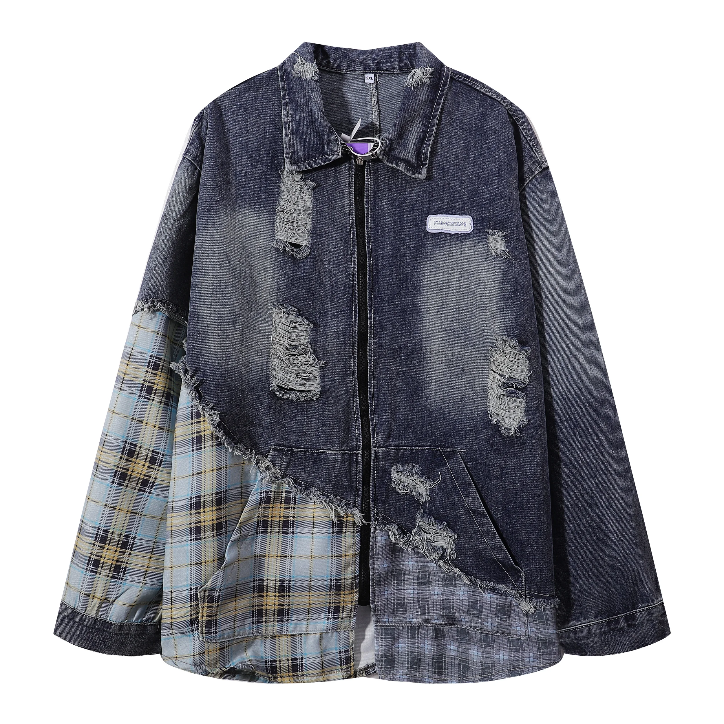 Streetwear Oversized Plaid Patchwork Denim Jacket Shirt Hip Hop Washed Distresse Ripped Jean Jackets Outwears Frayed Hem Shacket