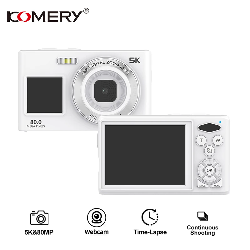 

Цифровая камера KOMERY 5K 80MP с 16-кратным зумом, портативная камера с автофокусом, видеорегистратор в ретро-стиле для видеоблогов, подходит для фотосъемки