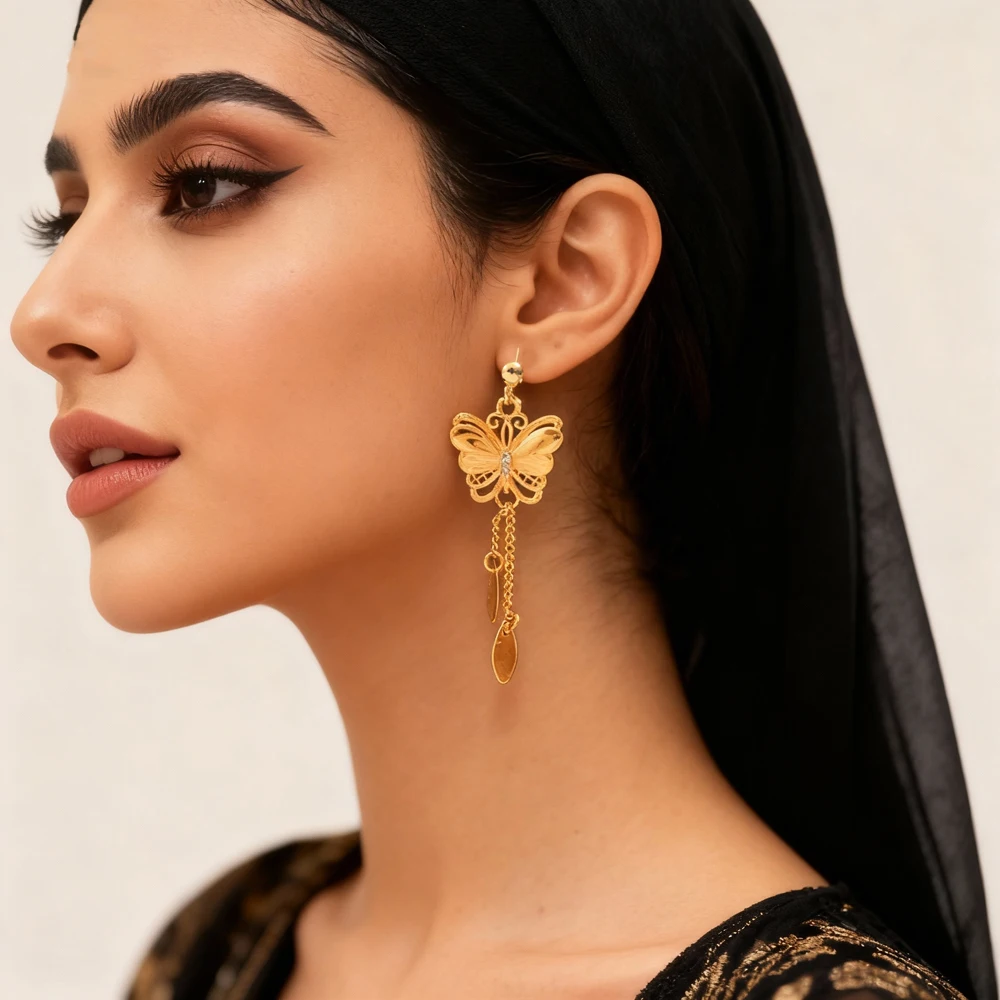Gold Plated Copper Butterfly Pendant Earrings Middle Eastern Fashion Ladies Ear Jewelry Arabic Wedding Festival Decorations