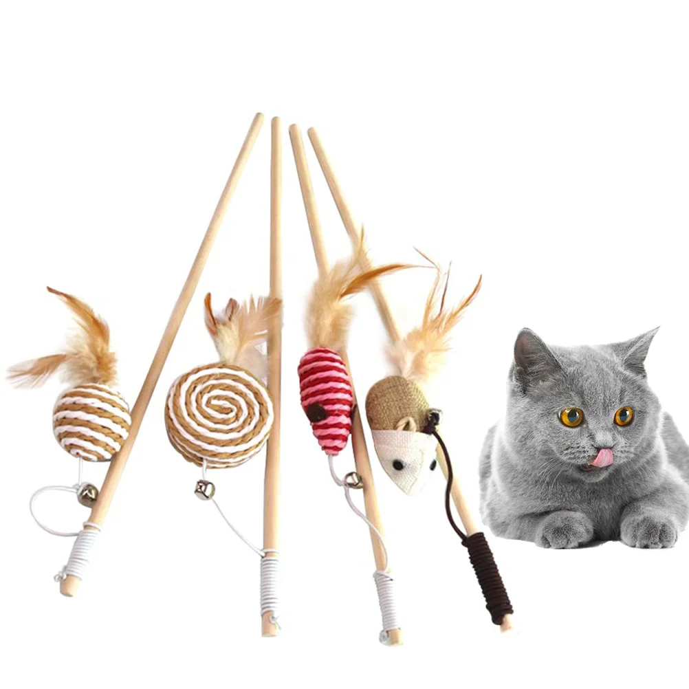 

4Pcs Cat Mouse Teaser Wand Interactive Playing Stick Bell Training Tool for Cats Exercise Fun Activity Starter Premium