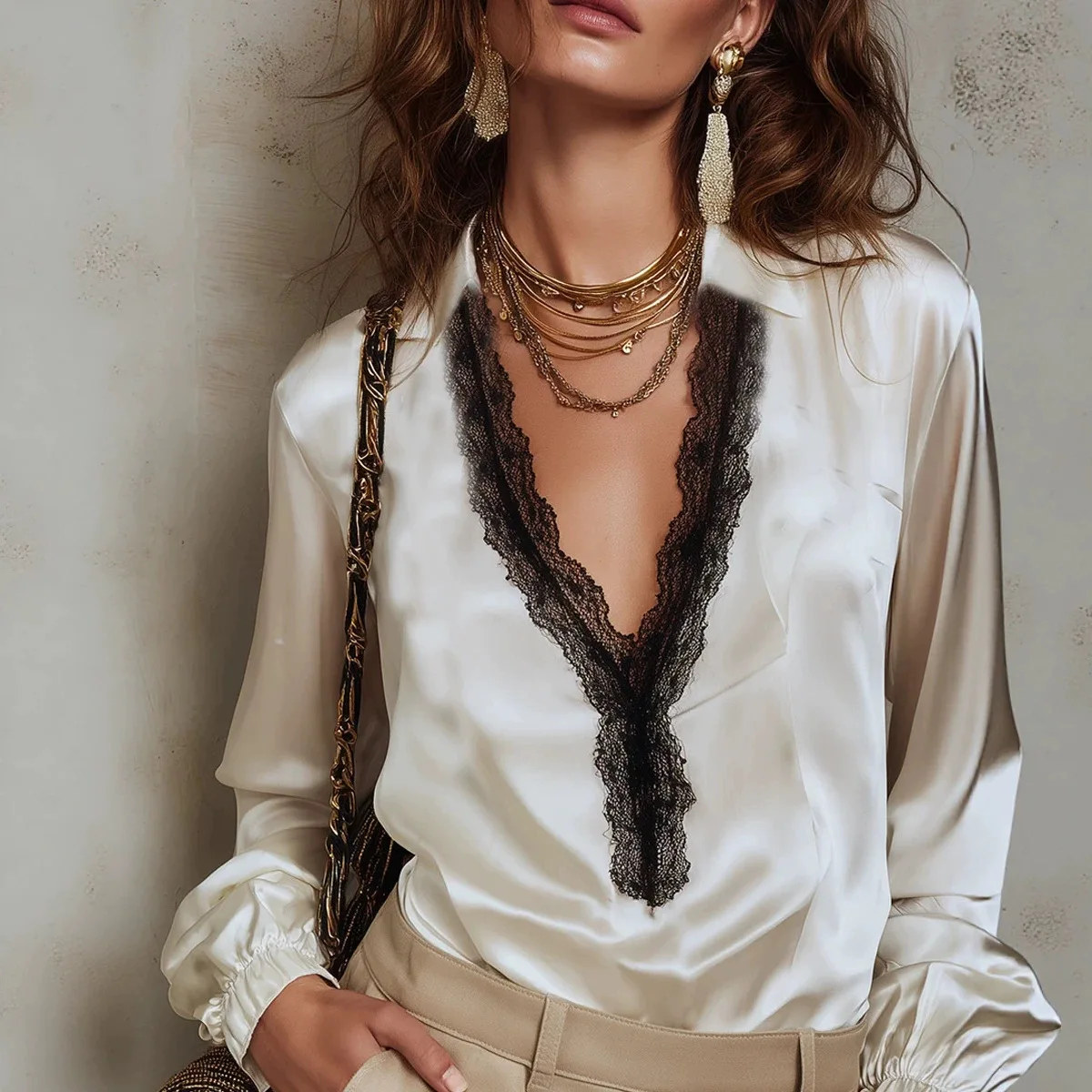 Elegant Satin Blouse Women Lapel Collar Contrast Lace Trim Deep V Neck Long Sleeve Elastic Cuff Vintage Office Leisure Shirt Top