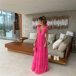 Vestido de noche elegante con tirantes finos para mujer, vestido de bola con cuello en V profundo, vestido de noche rosa sin espalda para playa