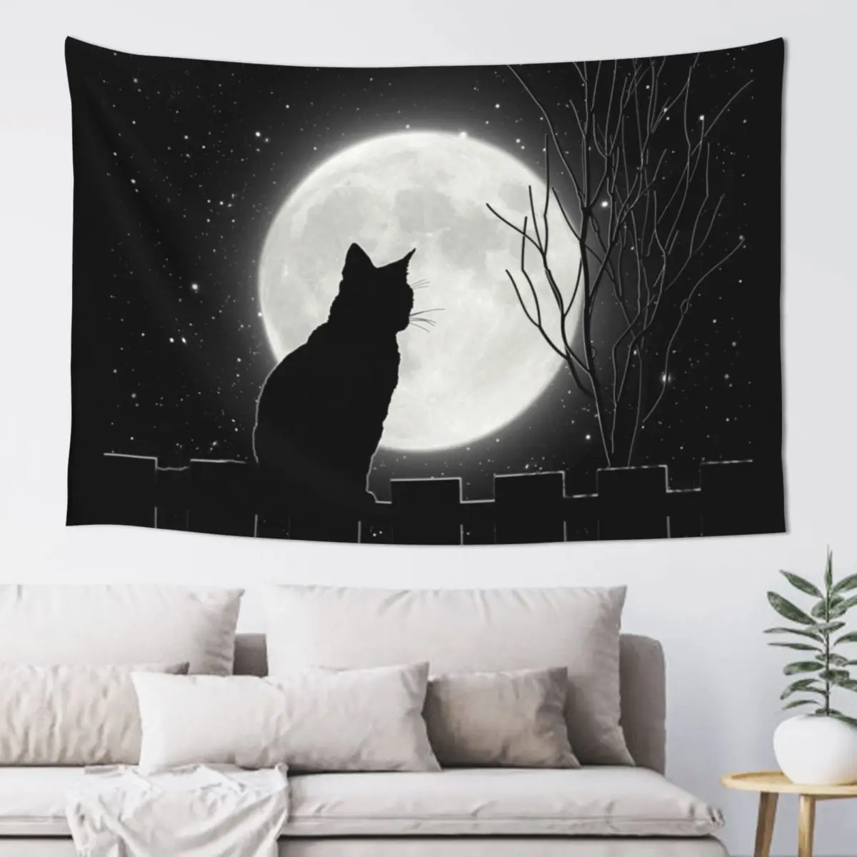 

Silent night Cat looking at the full moon Tapestry Art Mural Room Design Room Decor Decoration For Rooms Tapestry