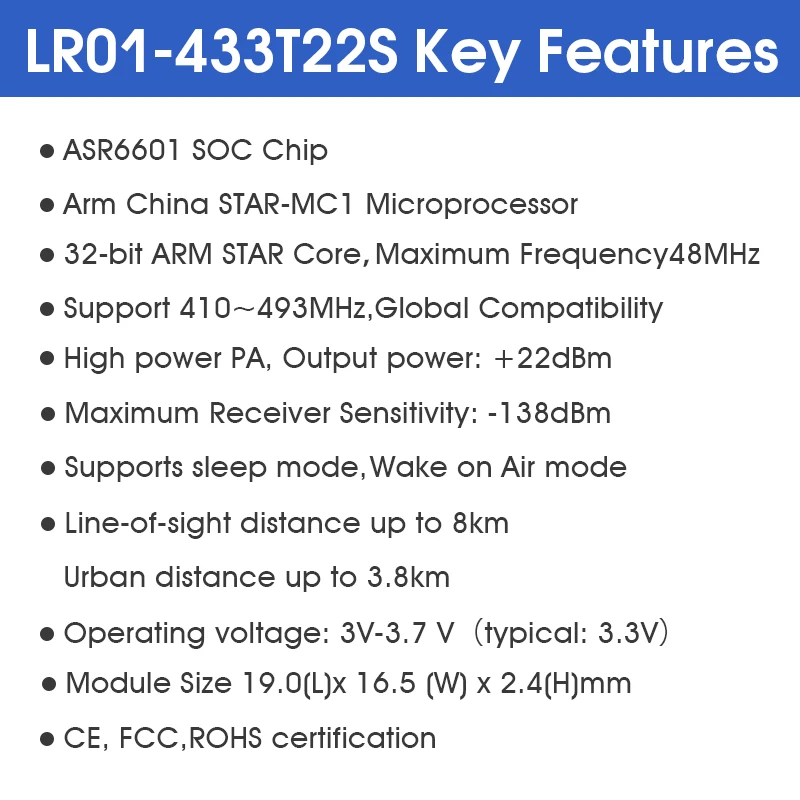 DX-LR01 433T22S 8KM Long Range 22dbm Transmission power LoRa Module 410~493MHz ASR6601 Uart serial port AT command LoRa Module