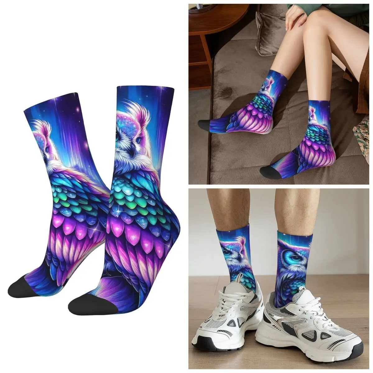 

All Seasons Neon Fantasy Magic Owl Socks Harajuku Sport Middle Tube Socks Casual Stockings for Men Women Christmas Gifts