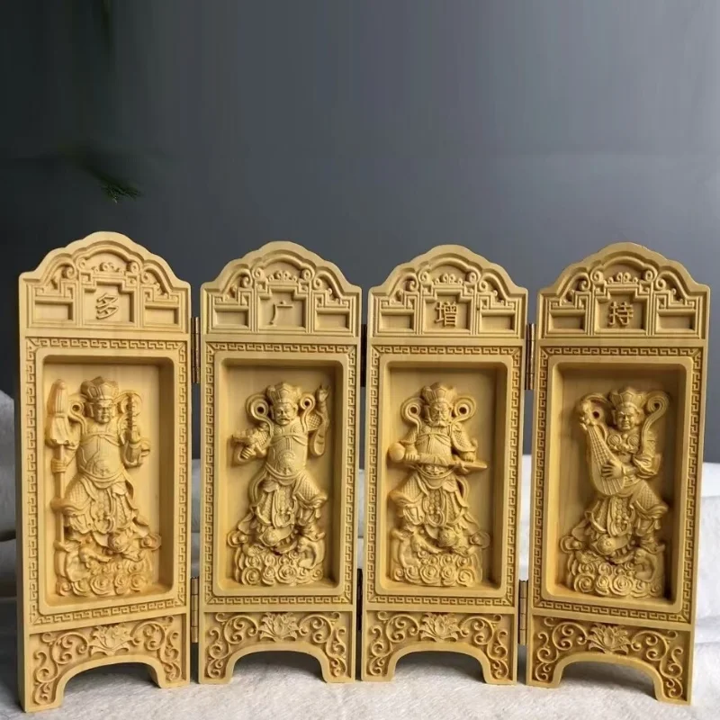 4-Panel Hand-Carved Boxwood Folding Screen Exquisite Four Heavenly Kings Relief Sculpture Buddhist Dieties Shrine Home Decor