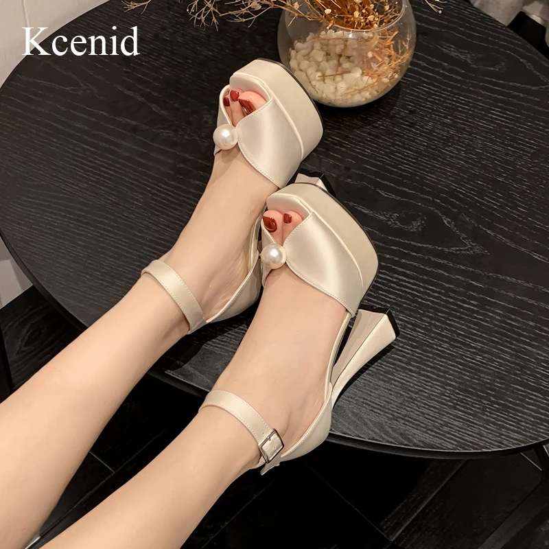 

Kcenid New Summer Strign Bead Peep Toe Platform Sandals Women Ankle Buckle Strap High Heels Sandals Party Prom Ankle Strap Pumps