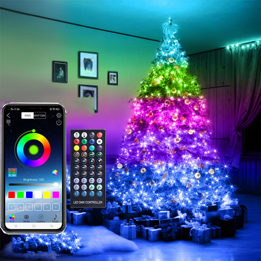 2024 Neujahr Weihnachts dekoration BT/App Steuerung Fee Garten Lichter 20m RGB LED Party Girlande Lichterketten für Indoor Outdoor