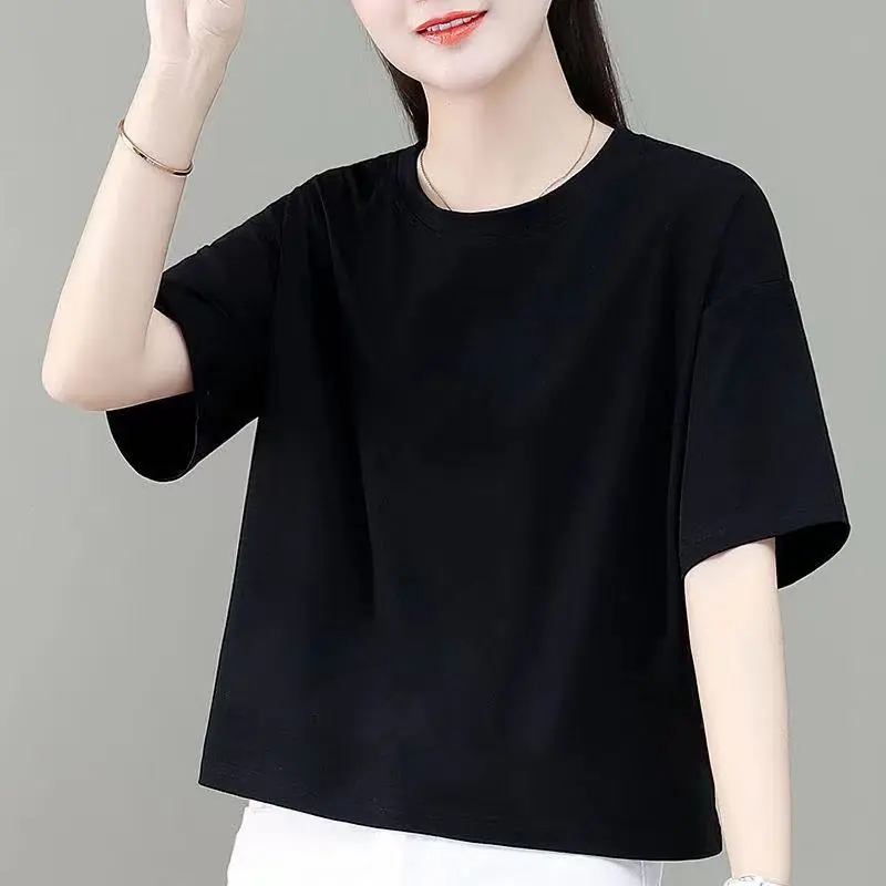 Simplicity Thin Summer Loose Solid Color T-Shirts Round Neck Pure Cotton Women's Clothing Casual Straight Pullovers Comfortable
