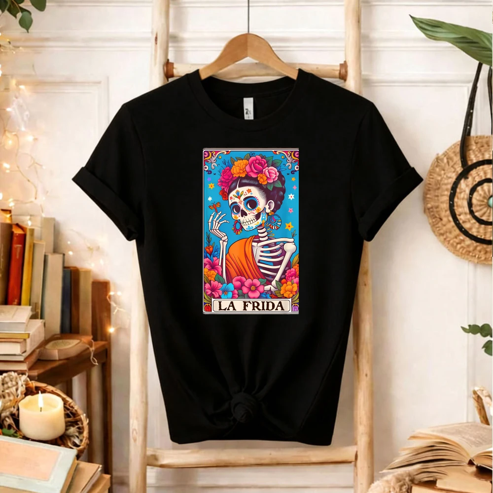 Camiseta de manga corta casual con diseño de calavera de azúcar, arte mexicano del Día de Muertos, tarot, regalo de Frida Kahlo para el Día de Halloween