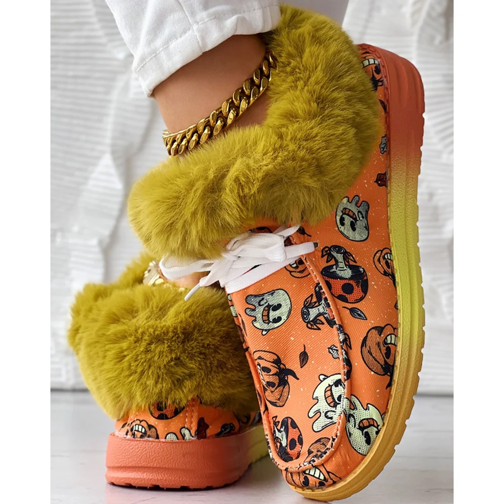

Halloween Pumpkin Graphic Print Lace-up Fuzzy Ankle Boots for Women Round Toe Loafers, Low Heel Comfortable Work Commute Shoes