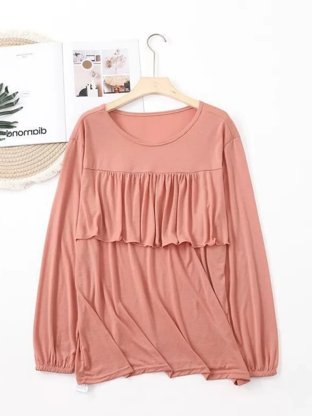 Comfortable round Neck Home Clothes Women's Sleepwear Large Size Pure Color Autumn Fashion Leaf Splicing Top