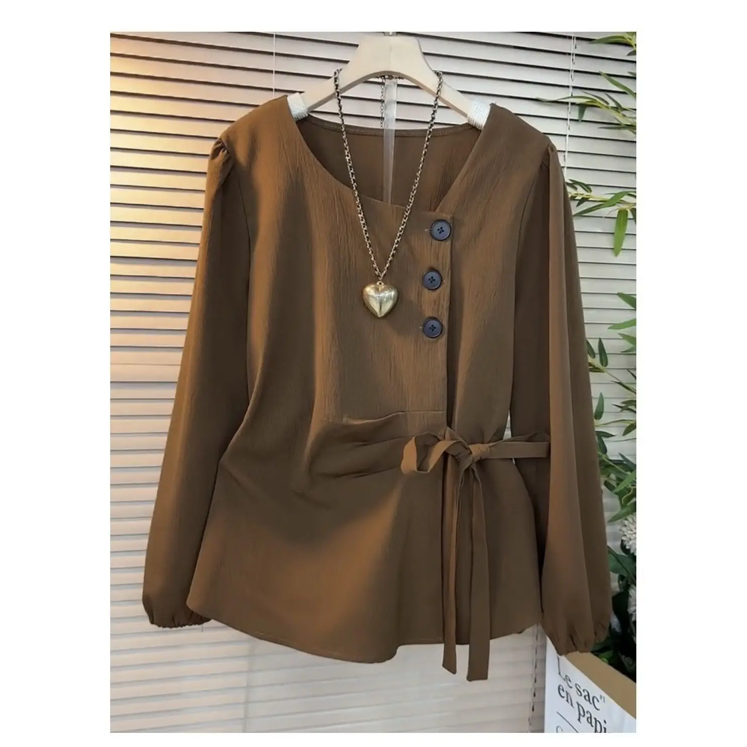 Retro Long-sleeved Shirt for Women in Spring and Autumn, Large Size Slanted Collar Irregular Lace-up Top