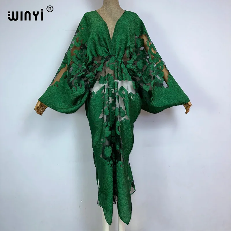 WINYI summer High fork sexy Perspective dress boho print dress Women kaftan Bohemia Africa kaftan beach Cover Up vestidos