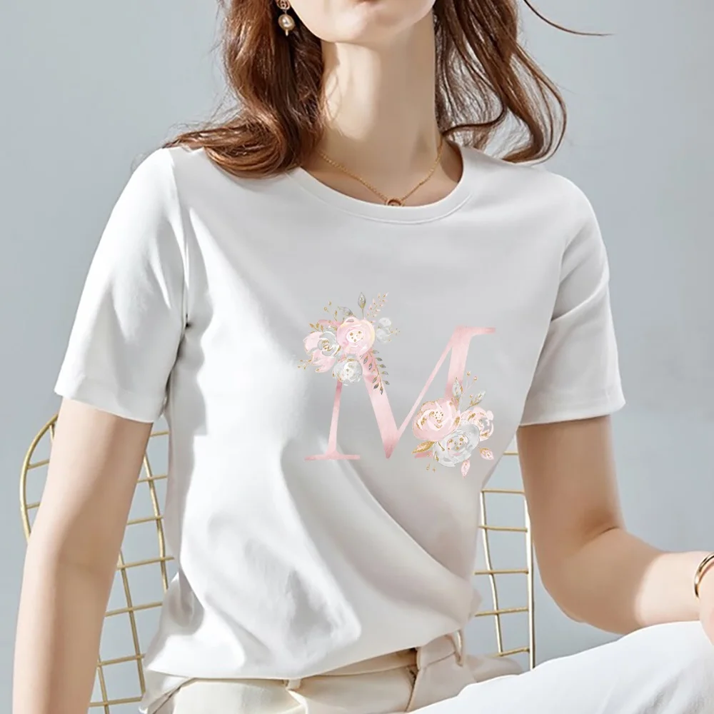 Pink Flower Name Pattern T Shirt Women Harajuku Style Top O-neck Tshirt White Streetwear Classic All-match Short Sleeve T-shirt