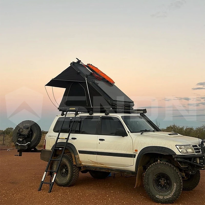 

Australia Top Seller Outback Camping Aluminum Triangle Car Rooftop Tent Clamshell Aluminum 2 Person Hard Shell Roof Top Tent